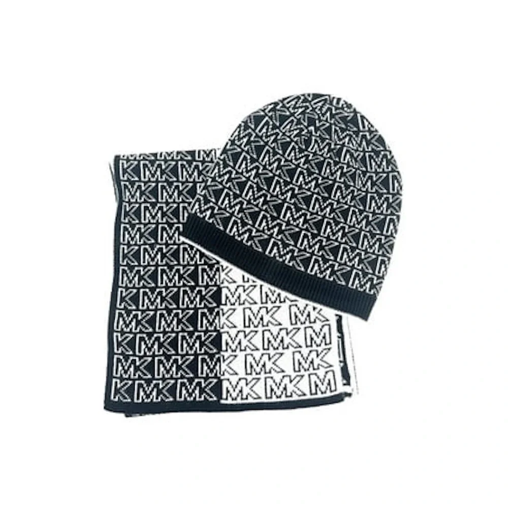 Michael Kors Black  White Hat Beanie And Reversible Scarf Set